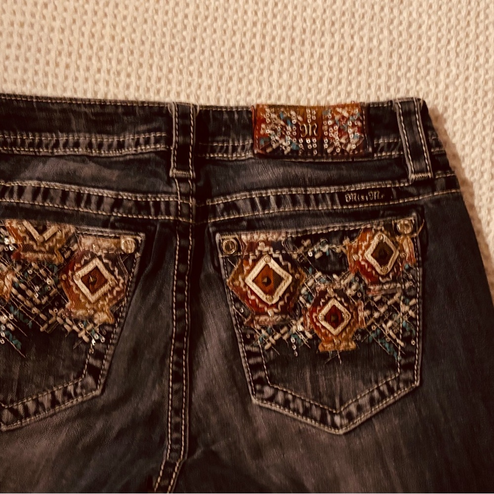 Signature Dark Wash Boot Cut Jeans with Multicolor Embroidered Pockets